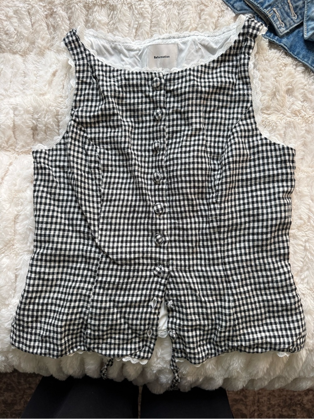 Reformation Black & White Gingham Lace-Trim Button Tank